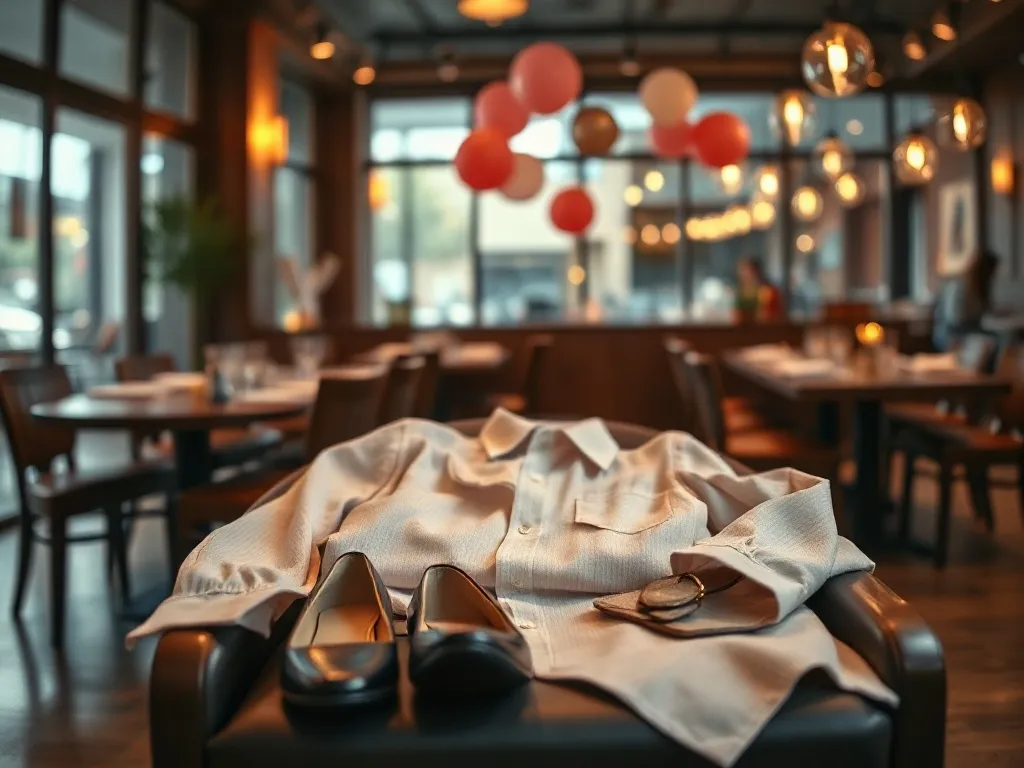 Elegancki strój urodzinowy przygotowany na krześle w przytulnej restauracji, podkreślający stylowe wyjście do lokalu.