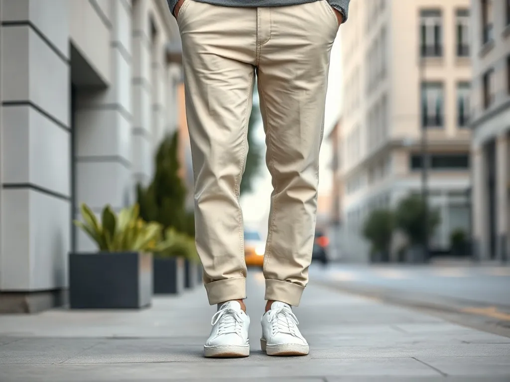 Mężczyzna w beżowych chinosach i białych sneakersach na miejskim chodniku, przykład codziennego, swobodnego stylu.