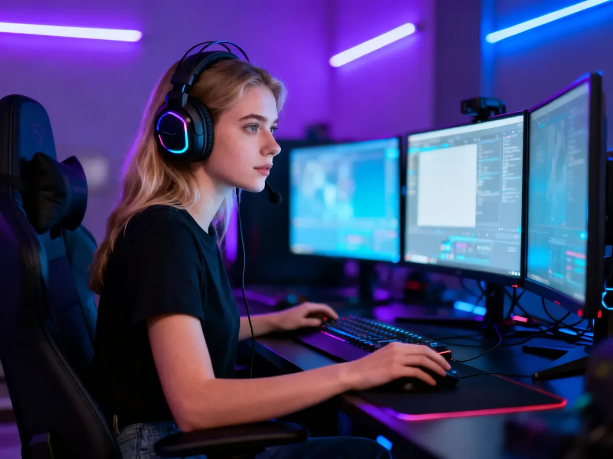 Młoda kobieta w słuchawkach gamingowych przed monitorami w pokoju z neonowym oświetleniem, tworząca profesjonalny stream.