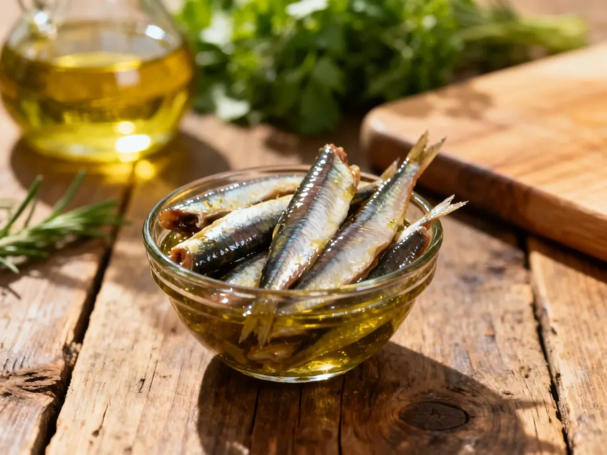 Szklana miseczka z marynowanymi filetami anchois na drewnianym stole w otoczeniu świeżych ziół i oliwy.