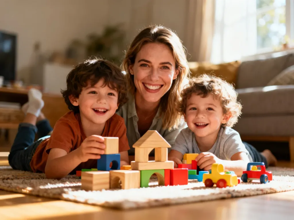 Uśmiechnięta au pair bawi się z dwójką dzieci w przytulnym salonie, układając klocki na dywanie.