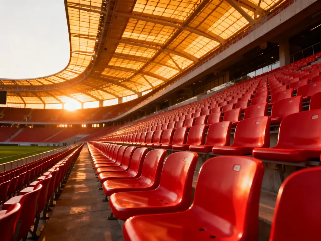 Puste, czerwone krzesełka na Stadionie Narodowym w świetle zachodzącego słońca.