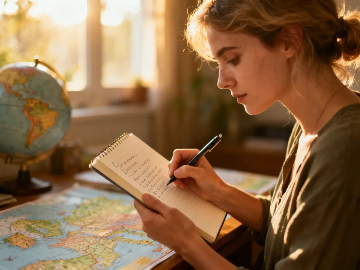Kobieta zapisuje swoje marzenia w notatniku na tle map i globusa, co inspiruje do tworzenia własnej listy bucket list.