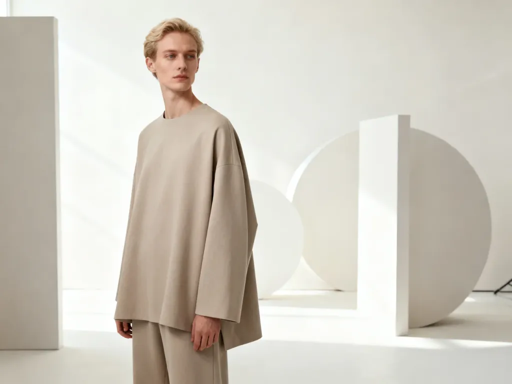 Osoba w minimalistycznym, oversizowym stroju w neutralnych kolorach, prezentująca nowoczesną modę typu unisex.