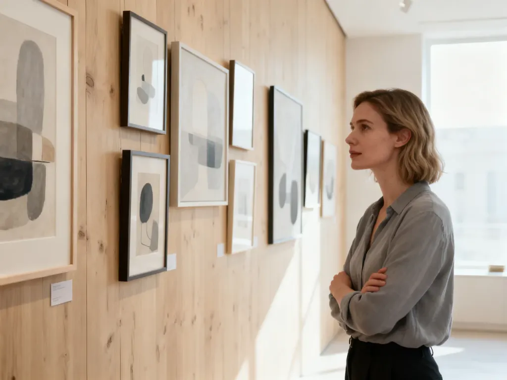 Kobieta w minimalistycznym wnętrzu z galerią sztuki na ścianie, symbolizująca refleksję i spokój.