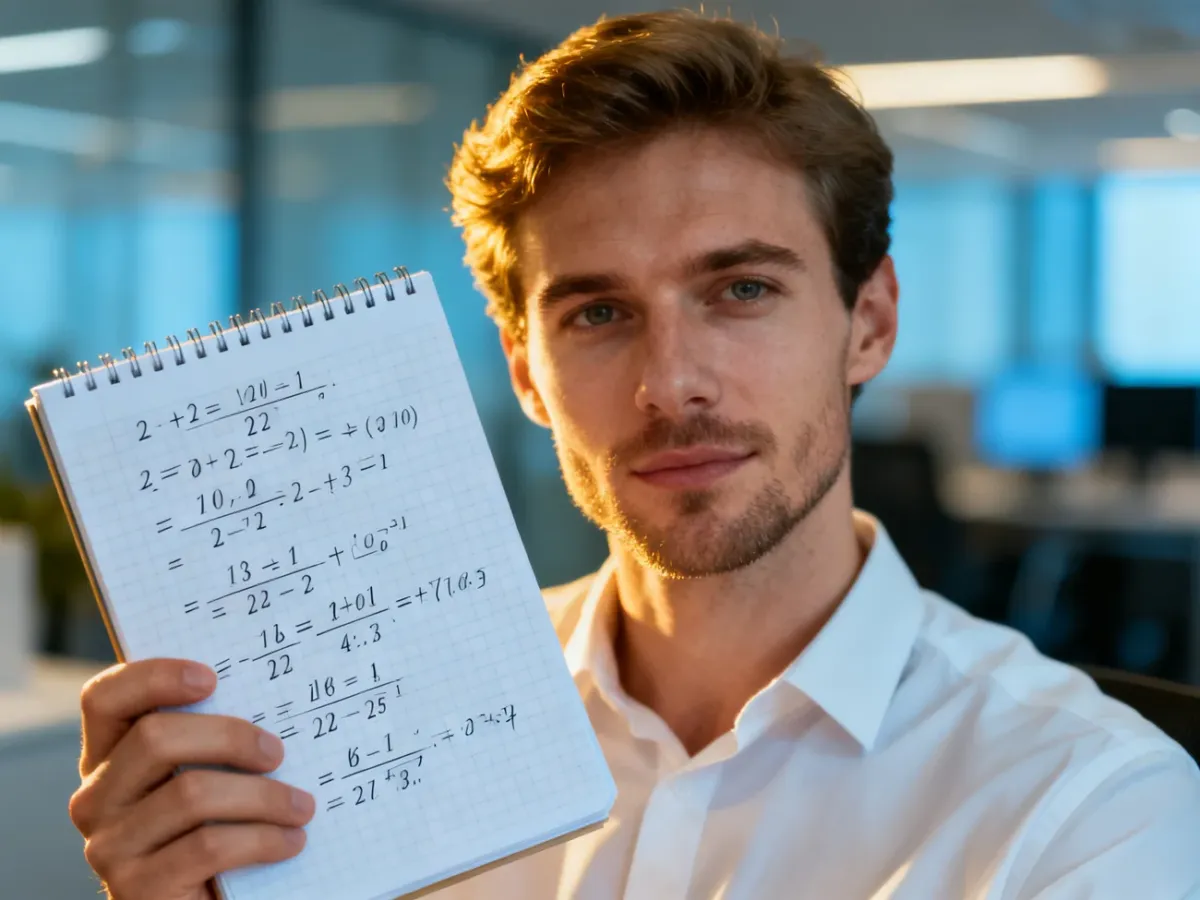 Mężczyzna skupiony na pracy z notatnikiem wypełnionym równaniami matematycznymi i ułamkami.