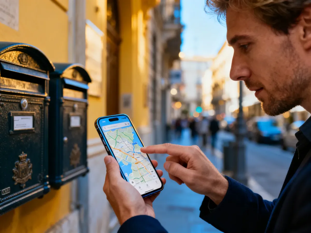 Mężczyzna korzystający z mapy w smartfonie na tle miejskiej ulicy, ilustrujący działanie kodów pocztowych.