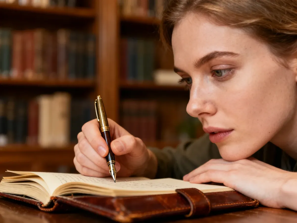 Kobieta zamyślona nad notatnikiem z piórem w dłoni w przytulnej bibliotece, ilustrująca temat poprawnej pisowni imion.