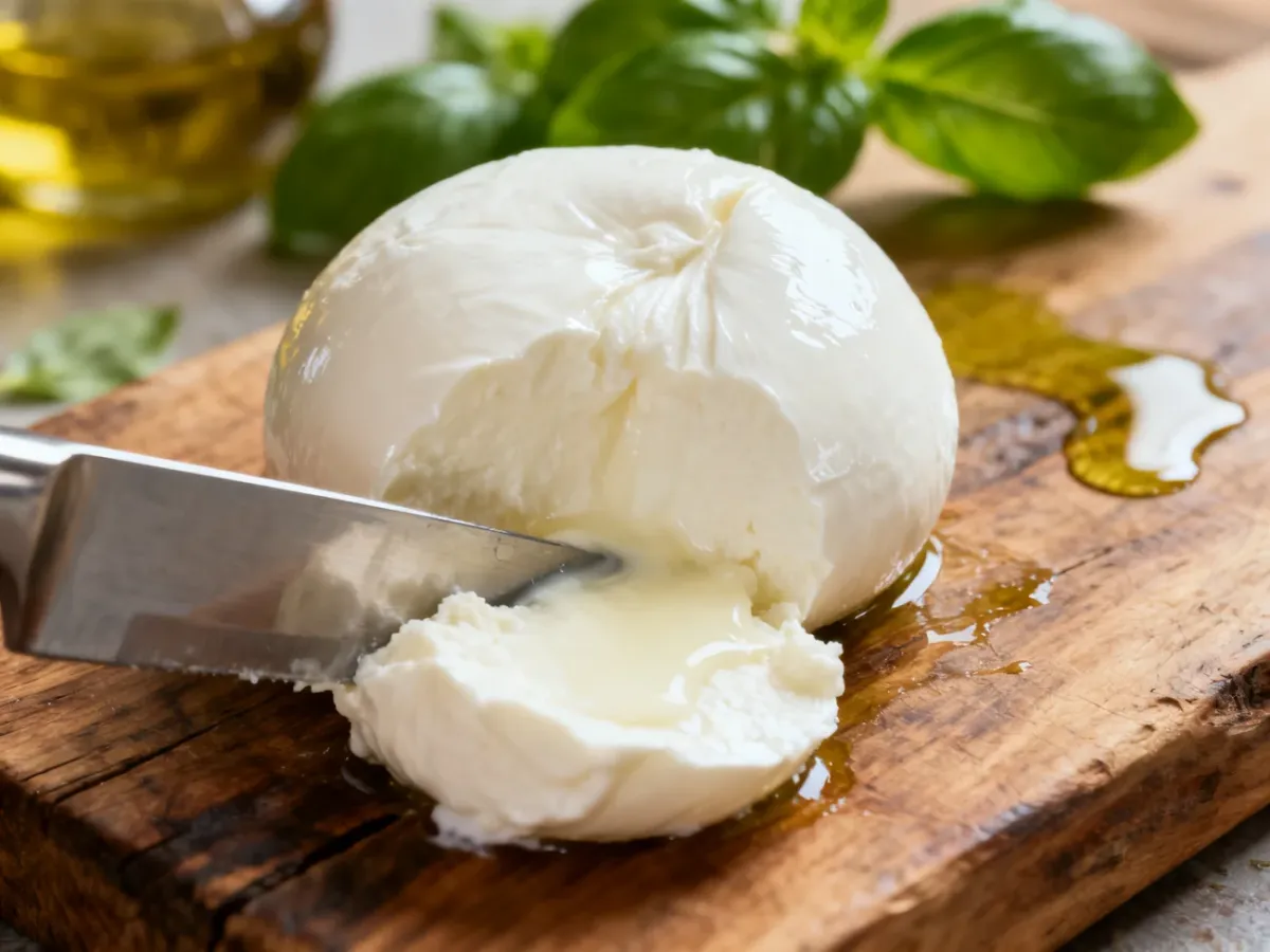 Świeża kula sera Fior di latte na drewnianej desce, przekrojona nożem, ukazująca kremowe wnętrze i delikatną strukturę.