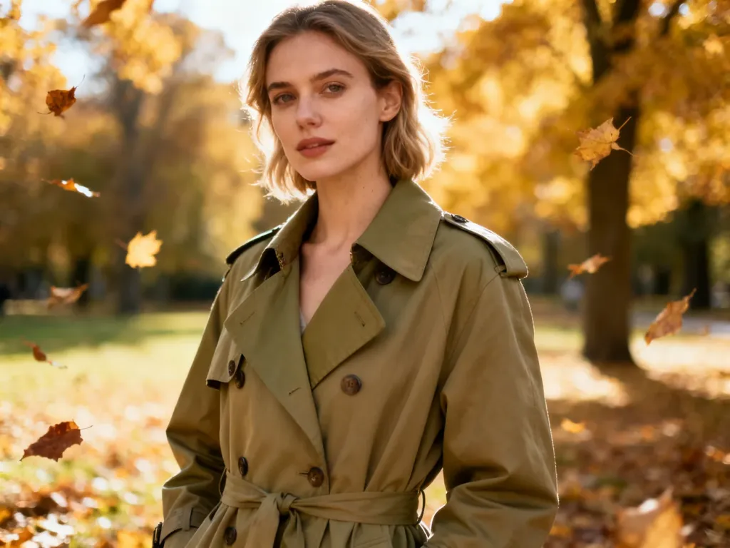 Kobieta w trenczu w kolorze khaki na tle jesiennego parku, prezentująca stylizację w odcieniach ziemi.
